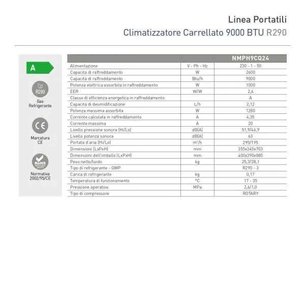Climatizzatore portatile carrellato FOCO 9.000 btu/h R290 Classe A - immagine 2